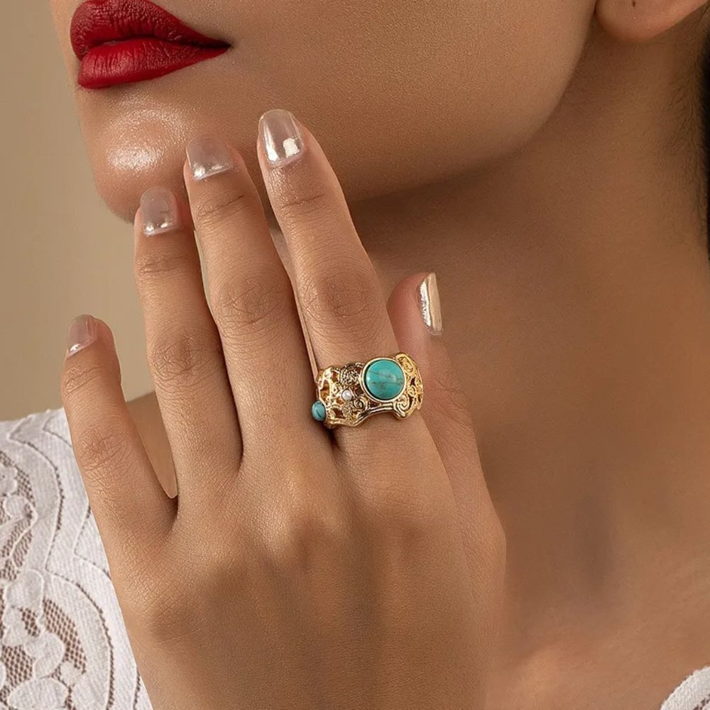 Western Baroque Gold Turquoise & Pearl Southwestern Statement Ring NEW